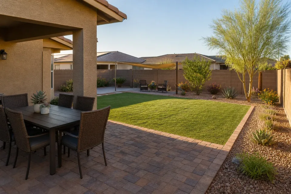 Mature shade trees and lawn in a residential backyard landscape