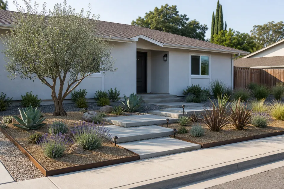 Finished residential front yard with lawn and desert-adapted planting