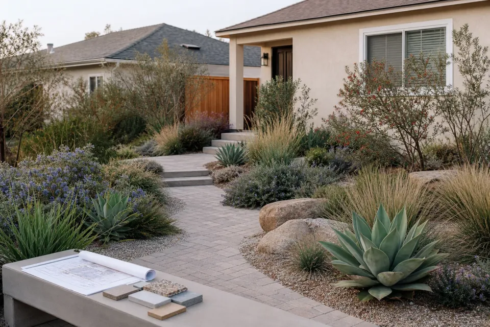 Designed backyard landscape with lawn, walkway, and desert-adapted planting