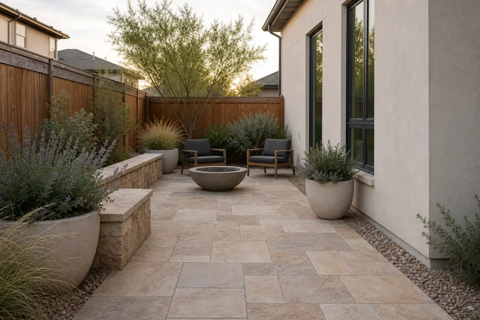Paver courtyard and planting beside a residential pool area