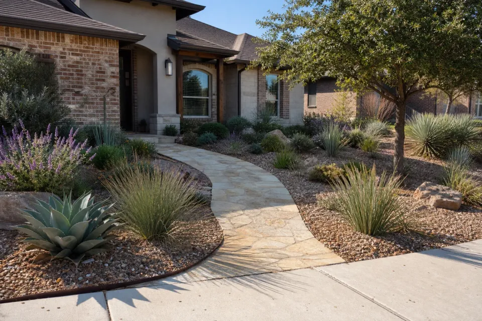 Water-wise desert front yard with drought-tolerant planting