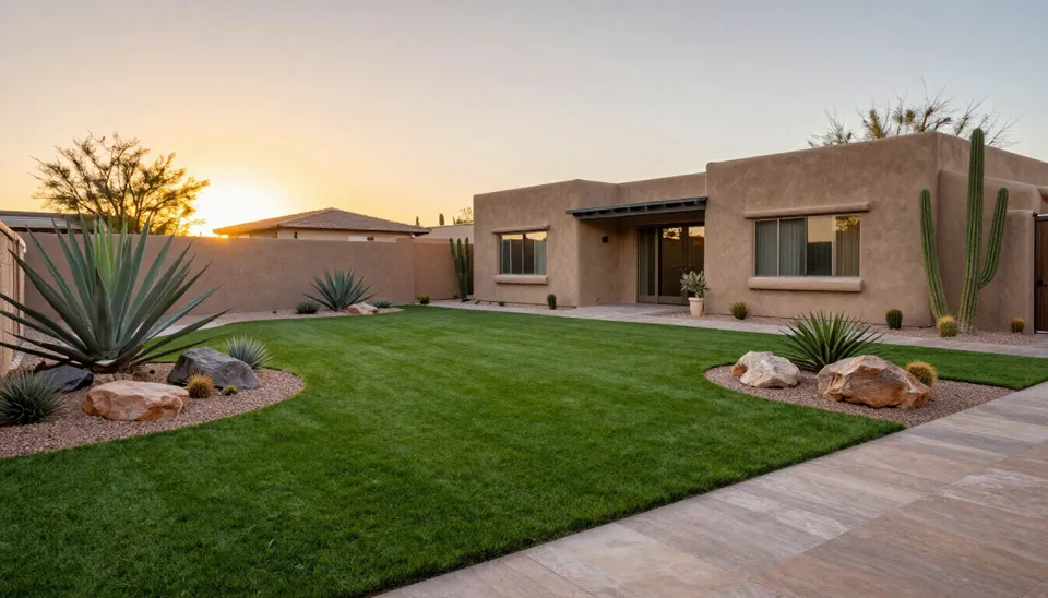 Premium desert-modern residential landscape in Queen Creek at golden hour