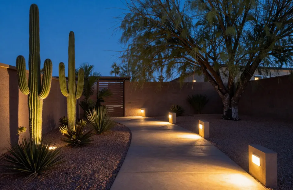 Landscape lighting on desert plants at dusk