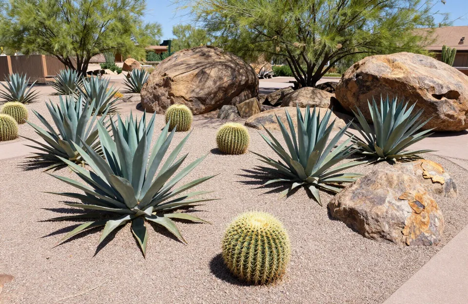 Desert xeriscaping with drought-tolerant plants in a Queen Creek front yard